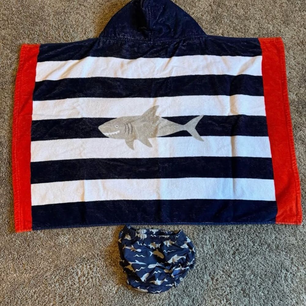 Pottery Barn Kids Navy and Red Shark Towel and matching swim trunks 6-12m